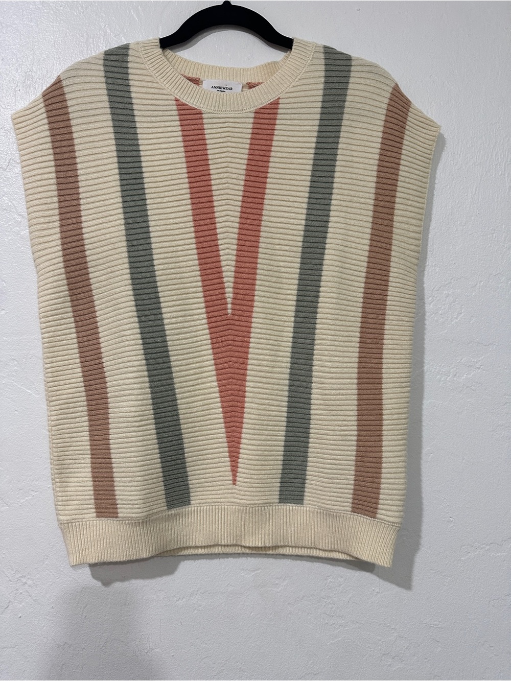 AnnieWear Striped Knit Sweater Vest Cream Pink Gray Size S